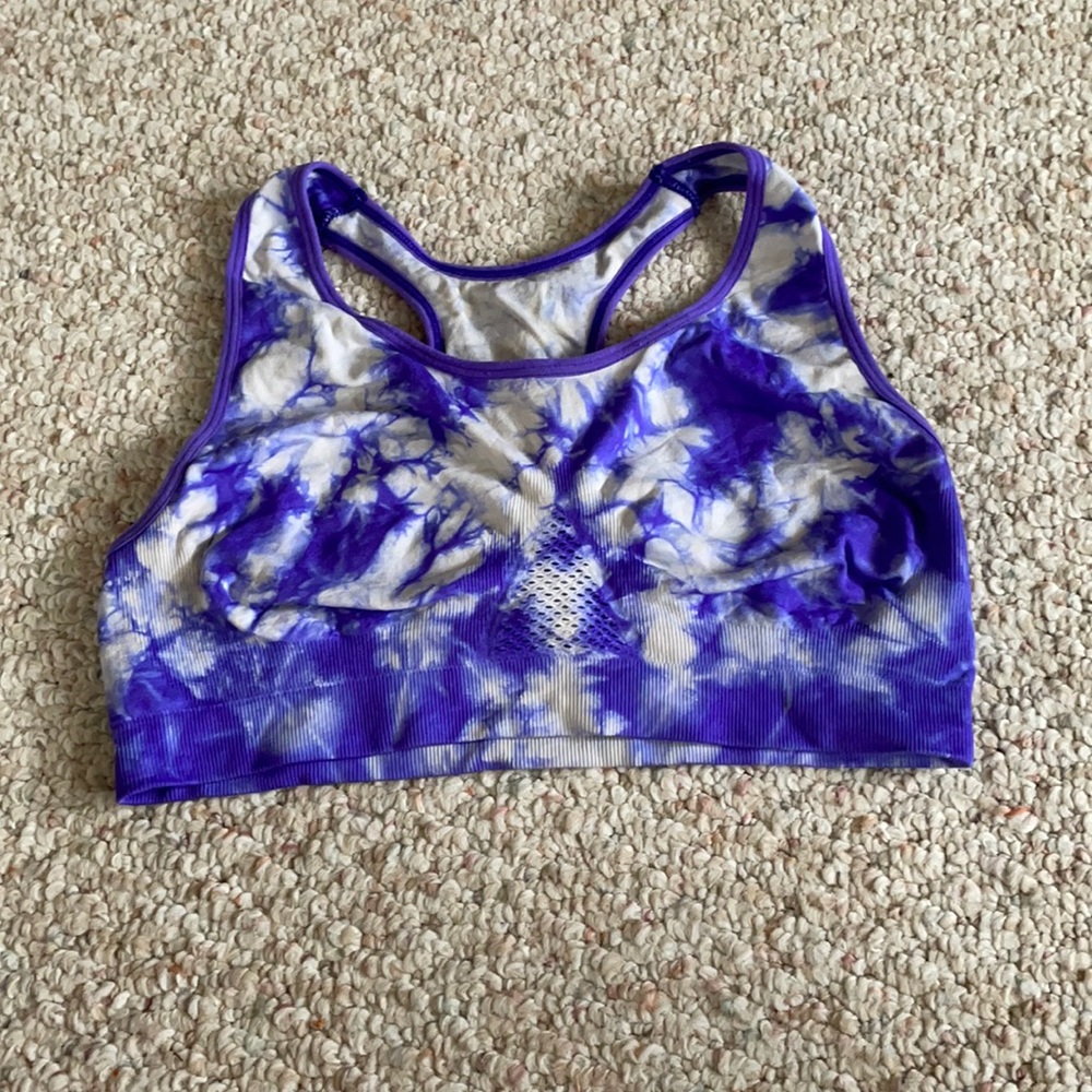 Women’s tie dyed white and purple sports bra